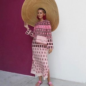 Zara Printed Maxi Dress with Side Slit in Pink and Black - Size Small